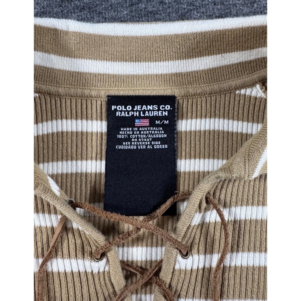 Polo Jeans Co Ralph Lauren Tan White Striped Lace Up Ribbed Knit Top Women M - Picture 3 of 6